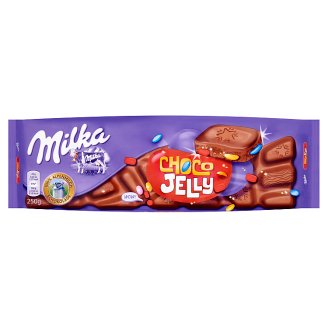 Milka Choco Jelly tejcsokoládé meggyízű zselédarabkákkal, cukordrazséval és robbanócukorkával 250 g