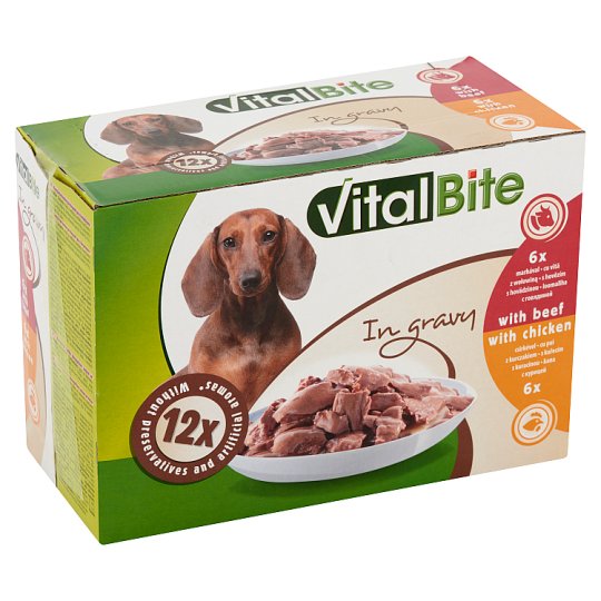 VitalBite teljes értékű állateledel felnőtt kutyák számára marhával és csirkével szószban 12 x 85 g