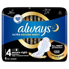 Always Ultra Secure Night (4-es Méretű) Szárnyas Betét Egészségügyi Betét, 6 Db