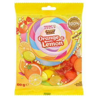 Tesco Candy Carnival narancsos-citromos ízű keménycukorka pezsgő töltelékkel 100 g