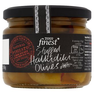 Tesco Finest pimiento paprikával töltött zöld olívabogyók extra szűz olívaolajjal 285 g