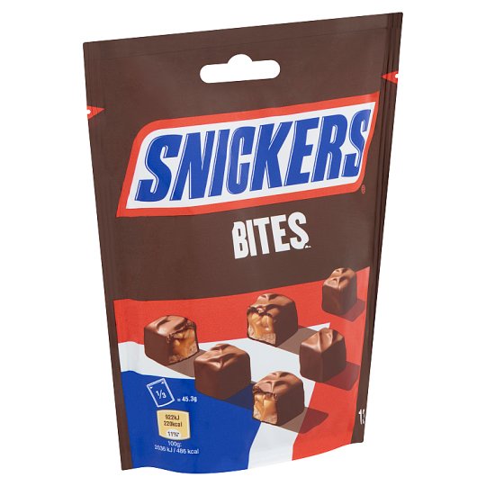 Snickers Bites karamellás földimogyorós krémes szeletek földimogyoróval tejcsokoládéba mártva 136 g