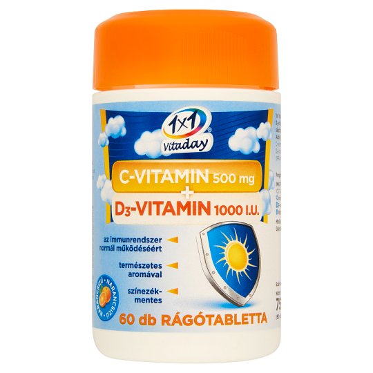 1x1 Vitaday C-vitamin 500 mg + D₃-vitamin narancsízű étrend-kiegészítő rágótabletta 60 db 75 g