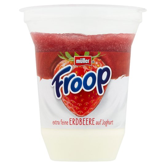 Müller Froop joghurt tetejére rétegezett habosított eper készítménnyel 150 g