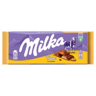 Milka Triple á la Caramel alpesi tejcsokoládé tejes krémmel, töltelékkel és mandula darabokkal 90 g