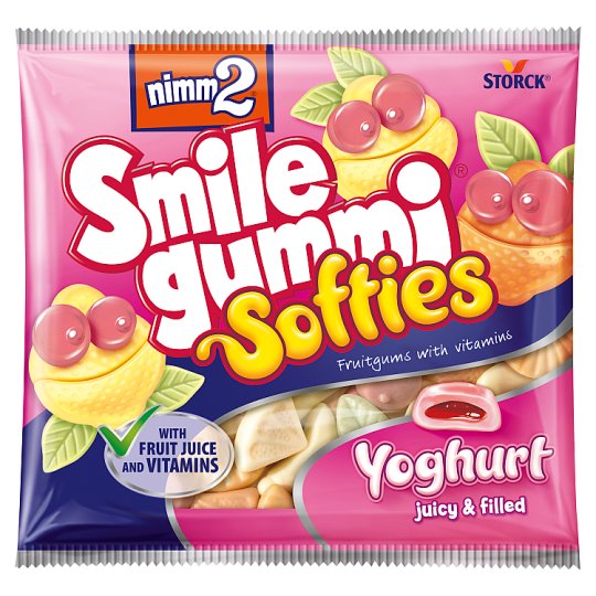 nimm2 Smilegummi Softies Yoghurt puha vegyes gyümölcs ízű joghurtos töltött gumicukorka 90 g