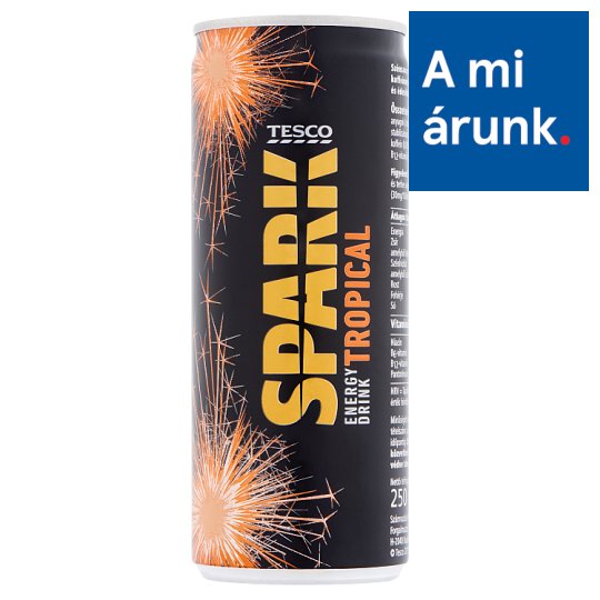 Tesco Spark szénsavas trópusi gyümölcs ízű energiaital cukorral és édesítőszerrel 250 ml