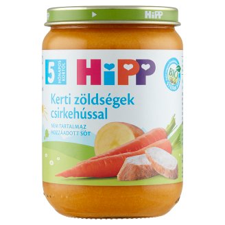 HiPP BIO glutén- és tejszármazék mentes kerti zöldségek csirkehússal bébiétel 5 hónapos kortól 190 g