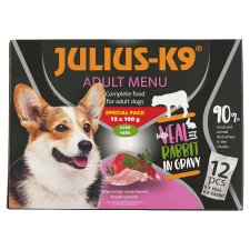 Julius-K9 teljes értékű eledel felnőtt kutyák számára borjúval, nyúllal szószban 12 x 100 g (1,2 kg)