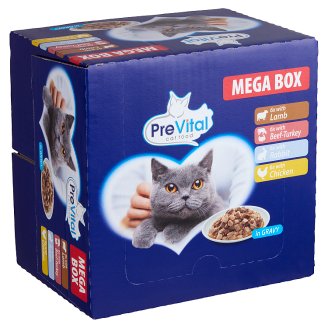 PreVital Mega Box teljes értékű állateledel felnőtt macskák számára szószban 3 ízben 24 x 100 g