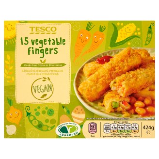 Tesco gyorsfagyasztott fűszeres zöldségkeverékből formázott rudak panírmorzsában 15 db 424 g