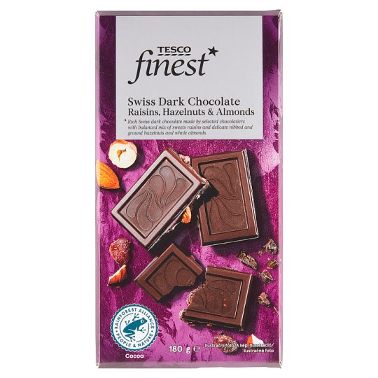 Tesco Finest Swiss Dark Chocolate with Raisins, Hazelnuts & Almonds 180