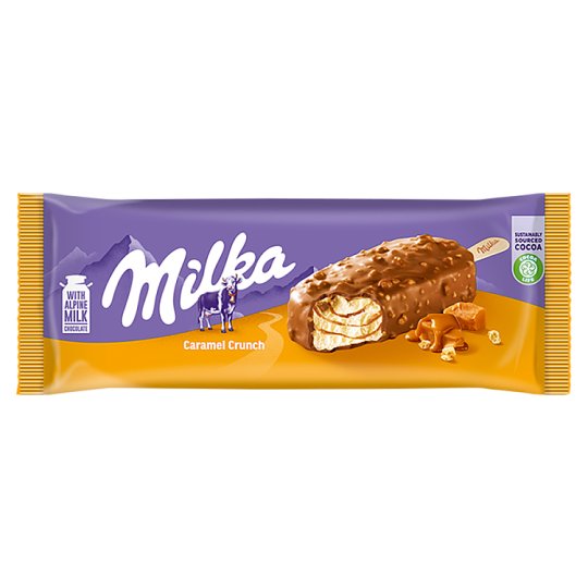 Milka Caramel Crunch Vanilla Flavoured Ice Cream with Caramel Sauce in