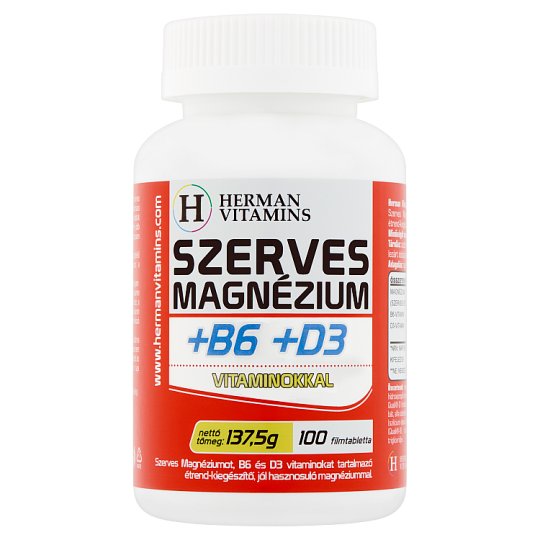 Herman Vitamins Szerves Magnézium +B6 +D3 vitaminokkal étrend-kiegészítő 100 db 137,5 g