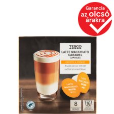 Tesco Latte Macchiato Caramel őrölt pörkölt kávé és teljes tejpor cukorral 145,6 g