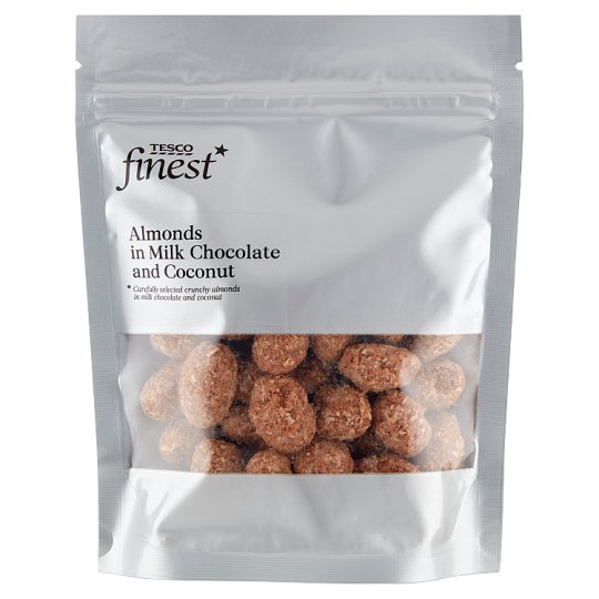 Tesco Finest tejcsokoládéval és kókuszliszttel bevont manduladrazsé 150 g