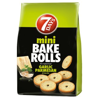 7DAYS Mini Bake Rolls parmezán sajt-fokhagyma-zöldfűszeres ízű ropogós kétszersült 80 g