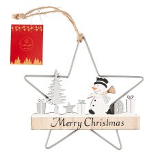 Metallic Star Hanging Deco with Snowman 30 x 20 x 1 cm