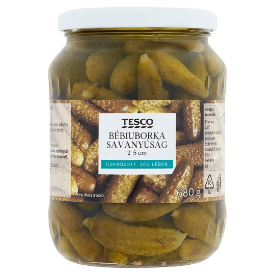 Tesco bébiuborka savanyúság cukrozott, sós lében 2-5 cm 680 g