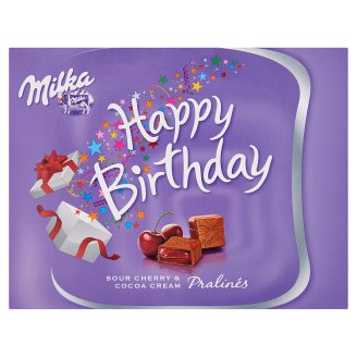 Milka Happy Birthday meggyízű alpesi tejcsokoládé praliné kakaós krémmel & meggyes töltelékkel 110 g
