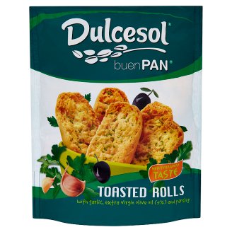 Dulcesol Buen Pan sült, felezett kis zsemlék olívaolajjal, fokhagymával és petrezselyemmel 160 g