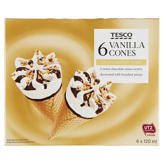 Tesco Vanilla Ice Cream in Biscuit Cones, with Chocolate Sauce