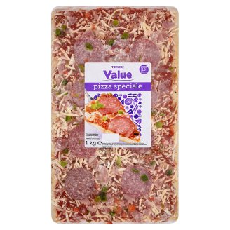 Tesco Value gyorsfagyasztott pizza sajtokkal, sonkával, vöröshagymával, gombával és szalámival 1 kg