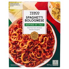 Tesco Spaghetti bolognese főtt spagetti tészta paradicsomos-marhahúsos szósszal 400 g