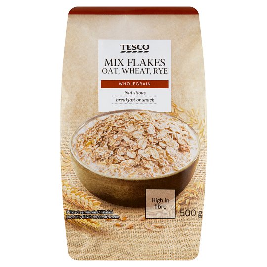 Tesco Wholegrain Oat, Wheat, Rye Mix Flakes 500 g Tesco Online, Tesco From Home, Tesco Doboz