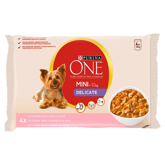 Purina One Mini Delicate nedves kutyaeledel lazaccal, rizzsel és sárgarépával szószban 4 x 100 g