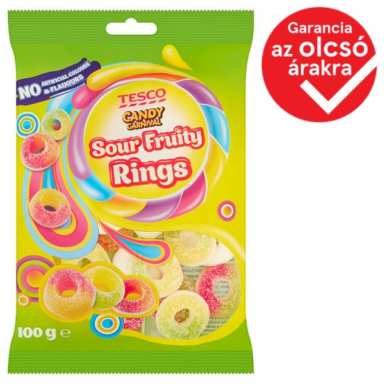 Tesco Candy Carnival Sour Fruity Rings gyümölcsízű gumicukor savanyúcukor bevonattal 100 g
