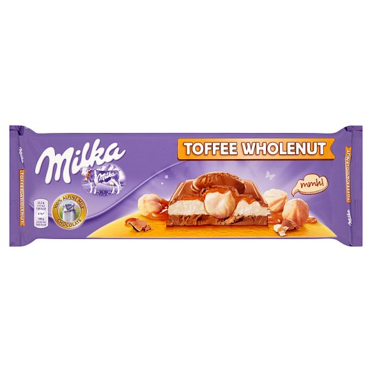 Milka alpesi tejcsokoládé karamell ízű tejszínes, karamellás töltelékkel és egész mogyoróval 300 g