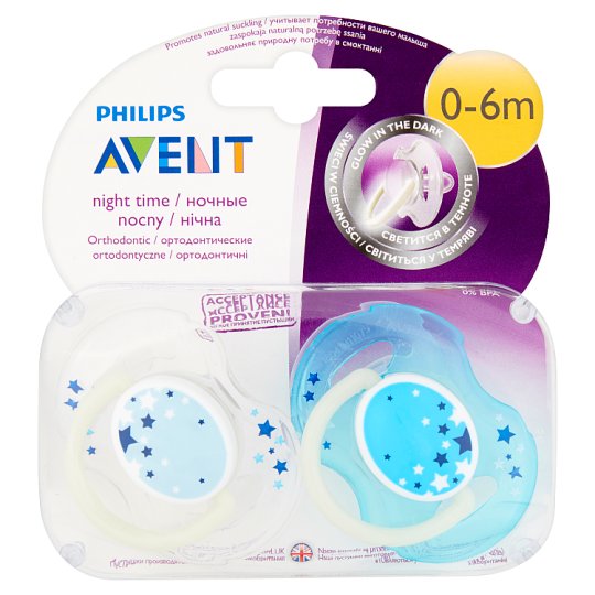 Philips Avent éjszakai fluoreszkáló fogszabályzós játszócumik kupakkal 0-6 hónapos korig 2 db
