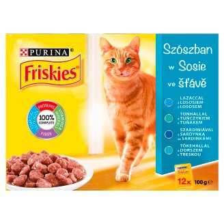 Friskies Szószos Válogatás macskaeledel lazaccal, tonhallal, tőkehallal, szardíniával 12 x 100 g