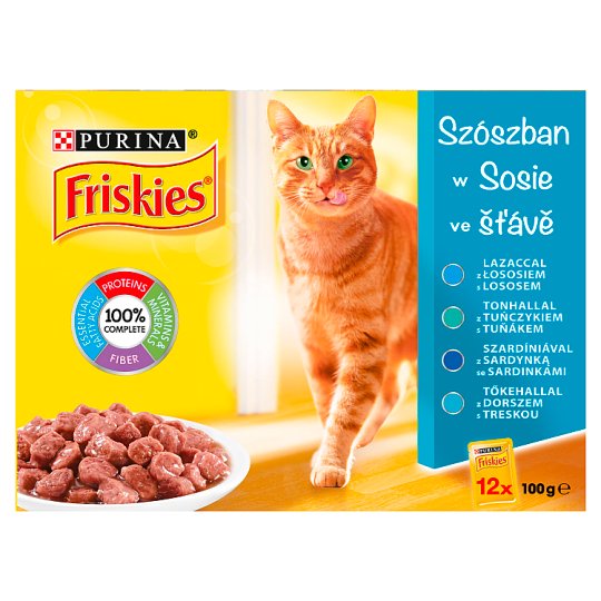 Friskies Szószos Válogatás macskaeledel lazaccal, tonhallal, tőkehallal, szardíniával 12 x 100 g