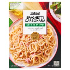 Tesco Spaghetti carbonara főtt spagetti tészta sajtos szósszal és sült, füstölt szalonnával 400 g