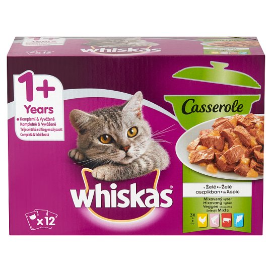 Whiskas 1+ Casserole Vegyes Válogatás teljes értékű eledel felnőtt macskáknak aszpikban 12 x 85 g