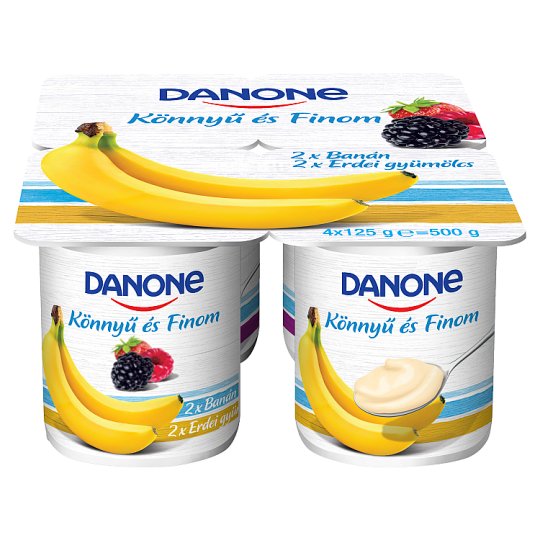 Danone banánízű és erdei gyümölcsízű, élőflórás, zsírszegény joghurt 4 x 125 g