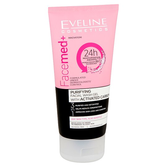 Eveline Cosmetics Facemed+ 3 az 1-ben tisztító arclemosó gél aktív karbonnal 150 ml