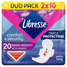 Libresse Maxi Night+ Comfort & Security egészségügyi betét éjszakai használatra 2 x 10 db