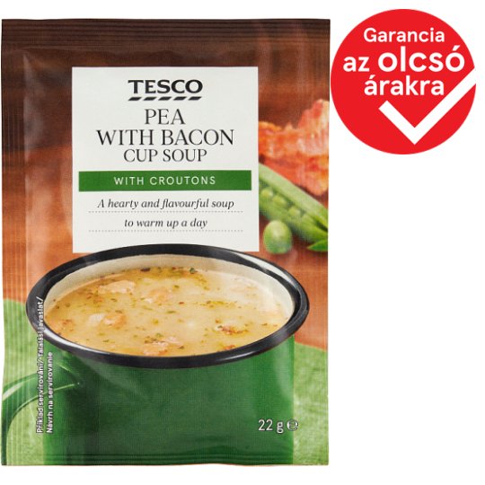 Tesco instant borsóleves pirított kenyérkockákkal és baconnel 22 g