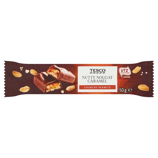 Tesco tejcsokoládéba mártott karamellás földimogyorós és nugátos szelet 50 g