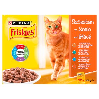 Friskies Szószos Válogatás macskaeledel csirkével, kacsával, lazaccal, pulykával 12 x 100 g