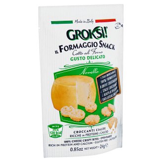 Groksí! ropogós, korong alakú sajt snack, zsíros félkemény sajtból 24 g