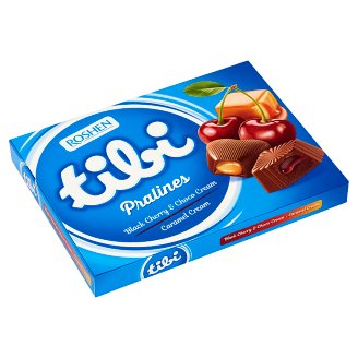 Tibi Pralines fekete cseresznyés csokoládés és karamell krémmel töltött tejcsokoládés desszert 119 g