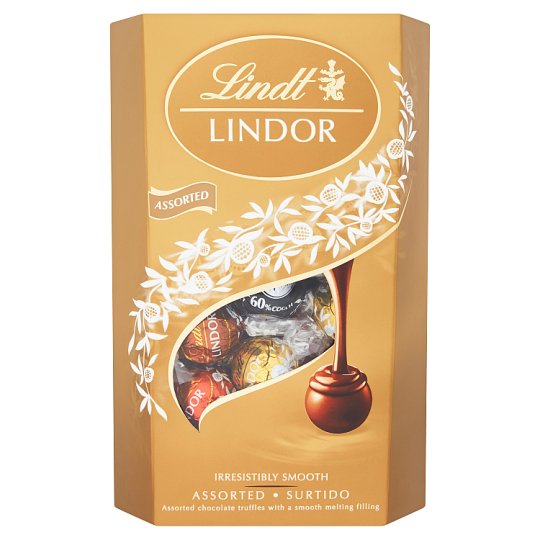 Lindt Lindor tejcsokoládé-tejcsokoládé mogyoródarabokkal-fehér- és keserű csokoládé praliné 337 g