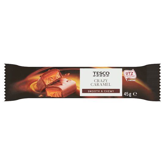 Tesco Crazy Caramel tejcsokoládéba mártott nugátos és karamellás szelet 45 g