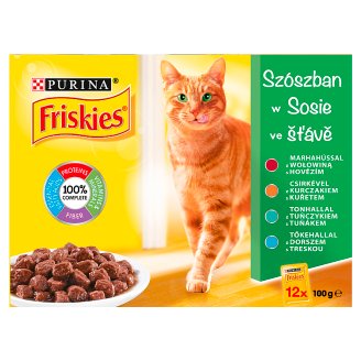Friskies Szószos Válogatás macskaeledel marhahússal, csirkével, tonhallal, tőkehallal 12 x 100 g