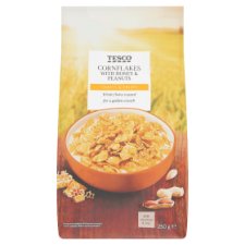 Tesco pirított kukoricapehely földimogyoróval és mézzel, hozzáadott vitaminokkal és vassal 250 g