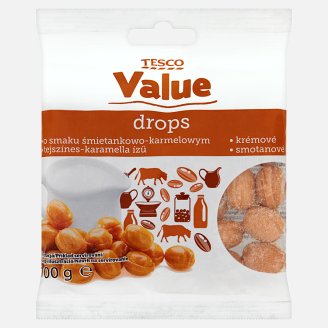 Tesco Value tejszínes-karamella ízű töltetlen keménycukorka 100 g